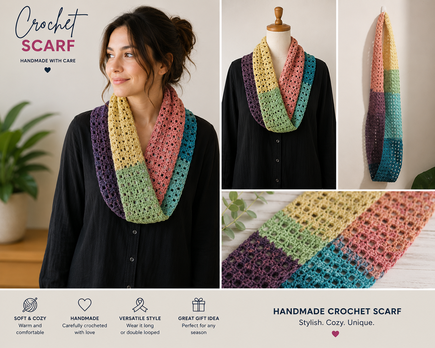 Crocheted Multicolor Infinity Scarf